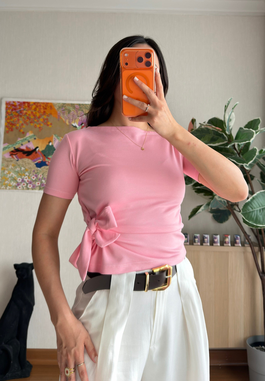 Asira Yan Bağlamalı T-Shirt Pembe