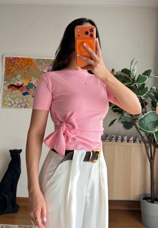 Asira Yan Bağlamalı T-Shirt Pembe