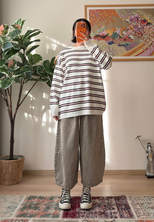 Bisiklet Yaka Çizgili Oversize Triko Kazak Ekru