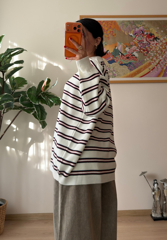 Bisiklet Yaka Çizgili Oversize Triko Kazak Ekru