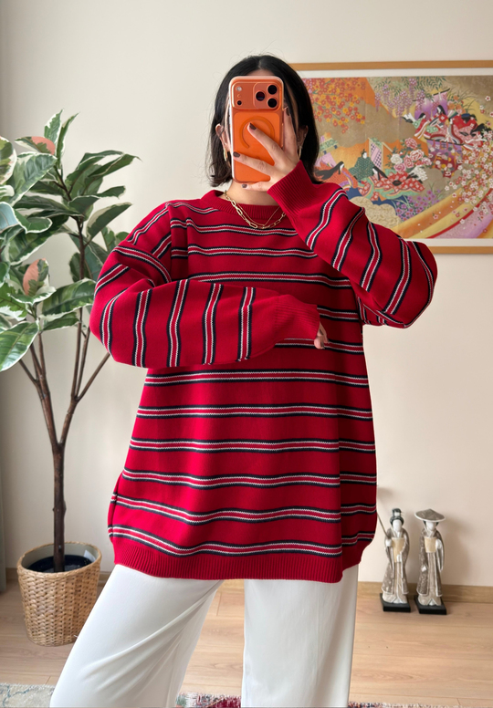 Bisiklet Yaka Çizgili Oversize Triko Kazak Kırmızı