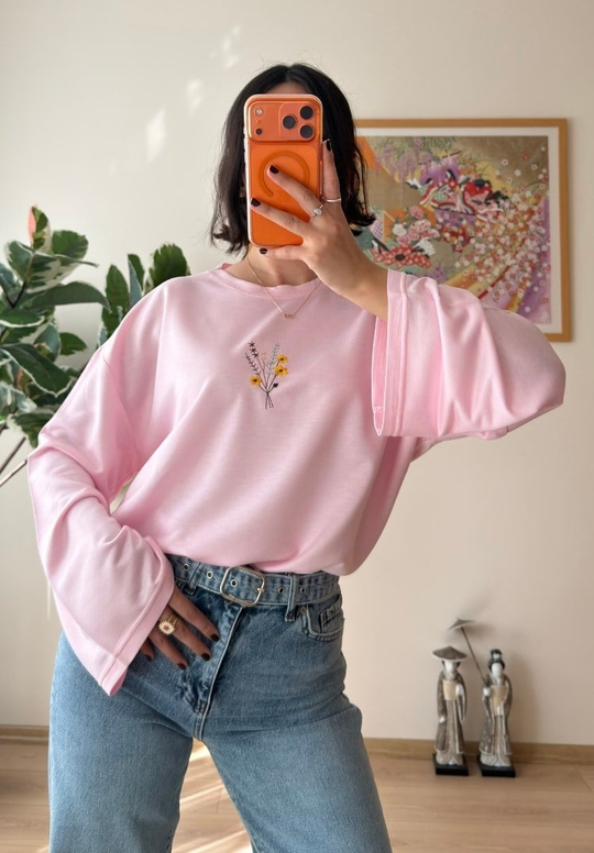 Çiçek Nakışlı İspanyol Kol Bluz Pembe