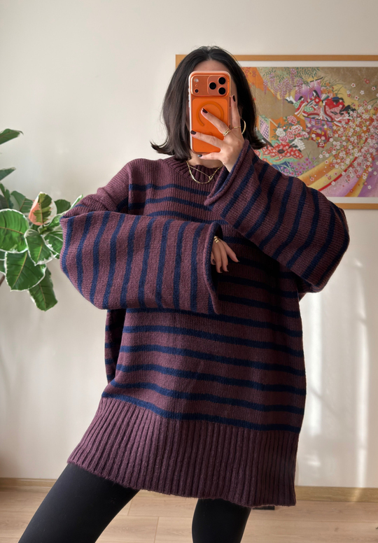 Çizgili Oversize Pinterest Kazak Mürdüm-Lacivert