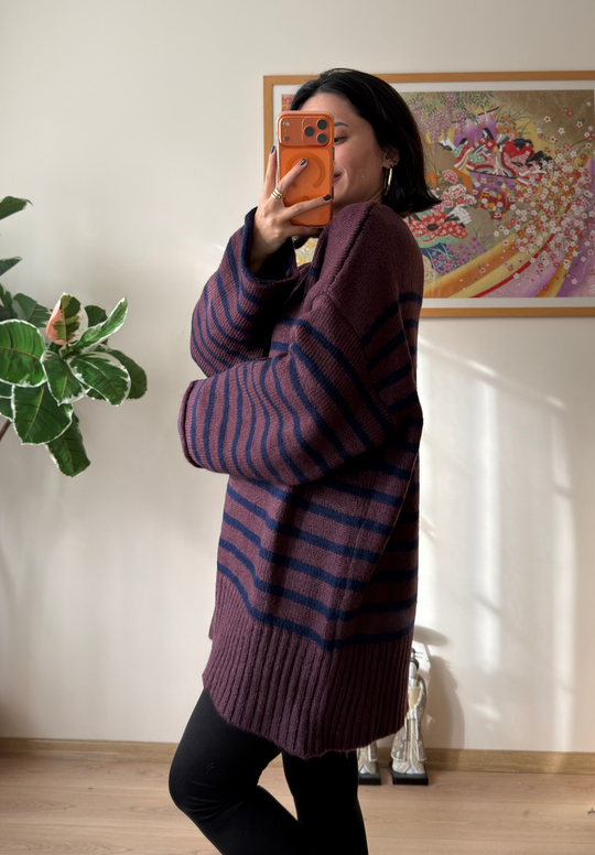 Çizgili Oversize Pinterest Kazak Mürdüm-Lacivert