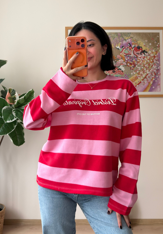 District Baskılı Oversize Sweatshirt Pembe