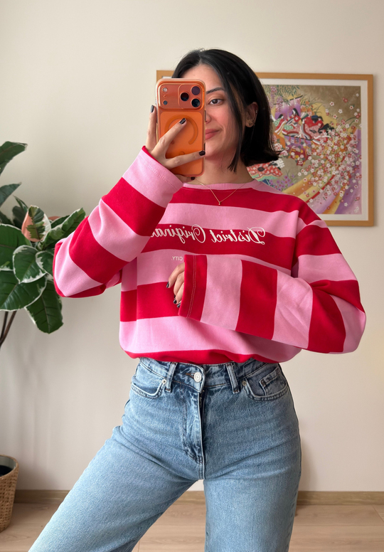 District Baskılı Oversize Sweatshirt Pembe