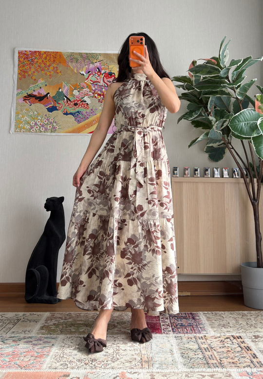 Halter Yaka Desenli Elbise