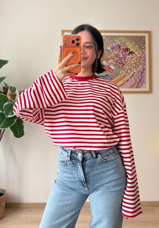İnce Çizgili Bisiklet Yaka Oversize Sweatshirt Kırmızı