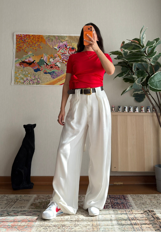 Kemerli Diagonal Modal Pantolon Beyaz