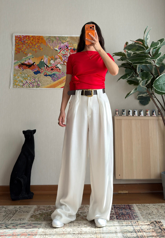 Kemerli Diagonal Modal Pantolon Beyaz