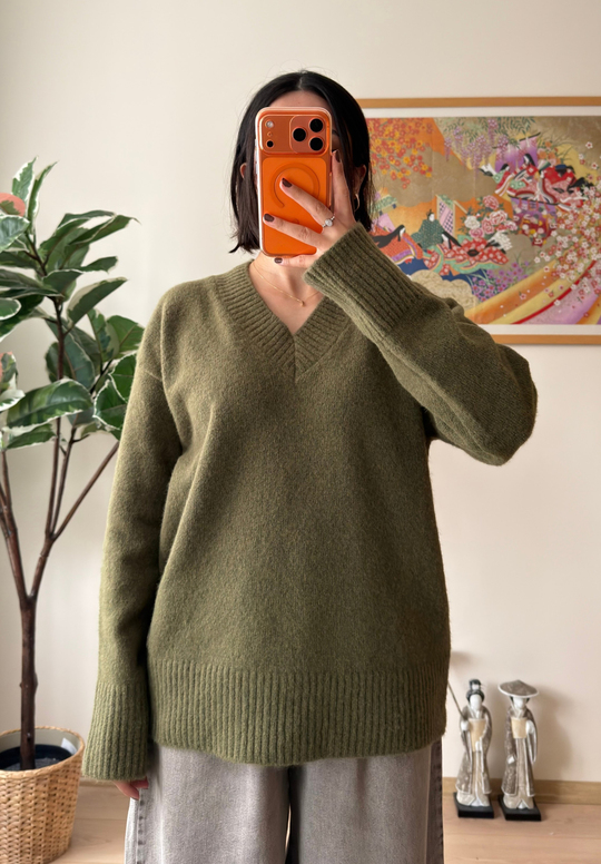 V Yaka Oversize Yumoş Kazak Haki