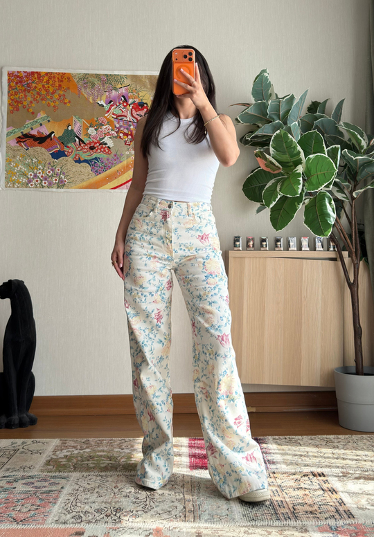 Yoshie Desenli Jean Beyaz-Mavi