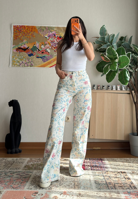 Yoshie Desenli Jean Beyaz-Mavi
