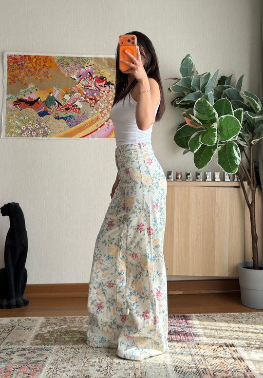 Yoshie Desenli Jean Beyaz-Mavi