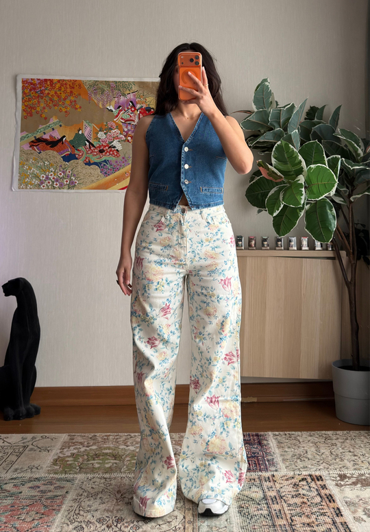 Yoshie Desenli Jean Beyaz-Mavi