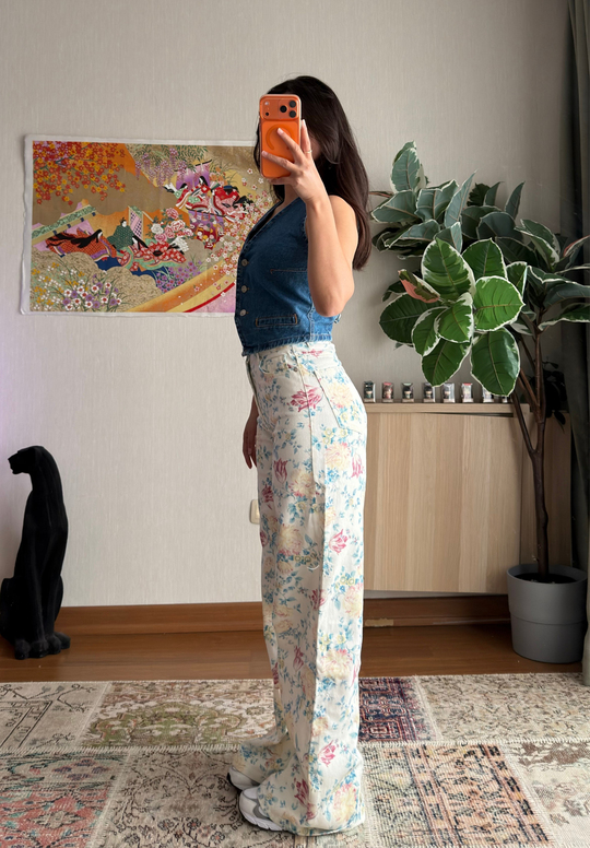 Yoshie Desenli Jean Beyaz-Mavi