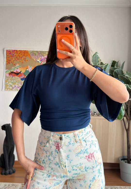 Yuina Yanı Büzgülü T-Shirt Lacivert
