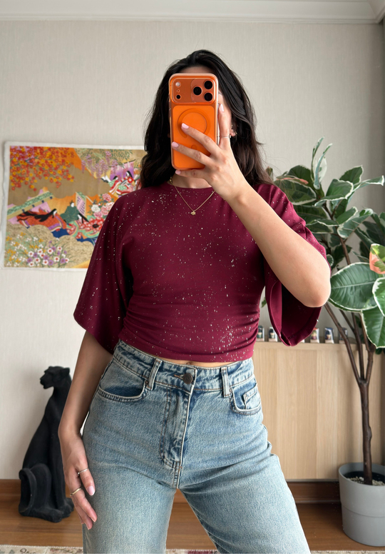 Yuisa Yanı Büzgülü Simli T-Shirt Bordo