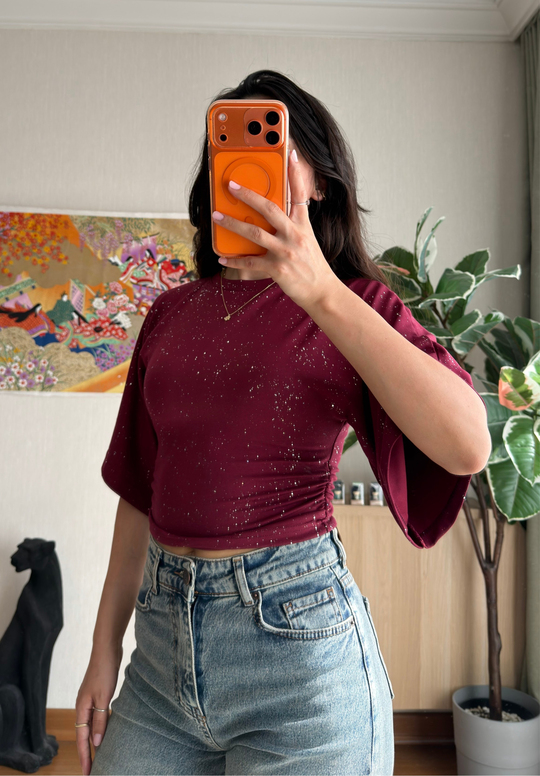 Yuisa Yanı Büzgülü Simli T-Shirt Bordo