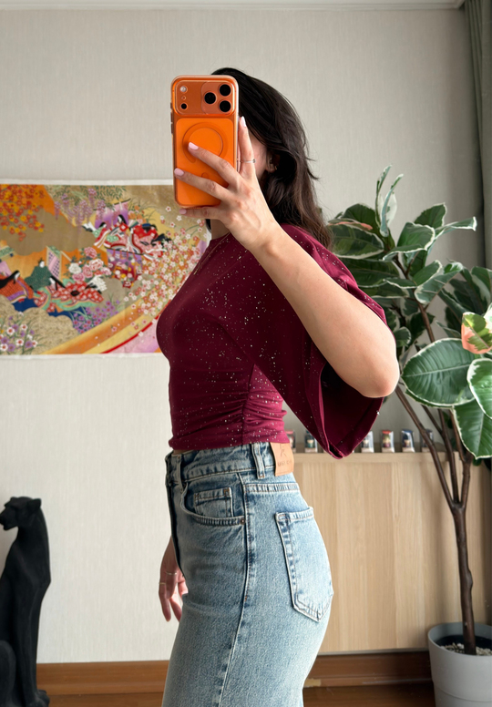 Yuisa Yanı Büzgülü Simli T-Shirt Bordo