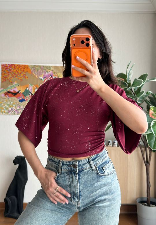 Yuisa Yanı Büzgülü Simli T-Shirt Bordo