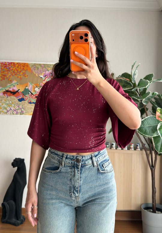 Yuisa Yanı Büzgülü Simli T-Shirt Bordo