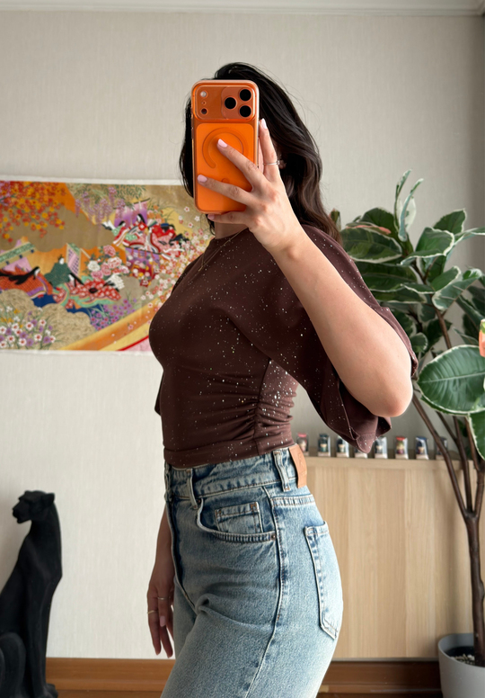 Yuisa Yanı Büzgülü Simli T-Shirt Kahve