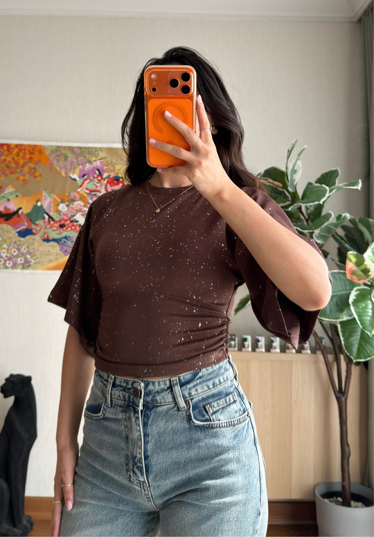 Yuisa Yanı Büzgülü Simli T-Shirt Kahve