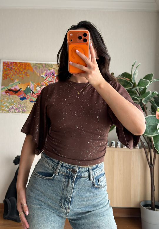 Yuisa Yanı Büzgülü Simli T-Shirt Kahve