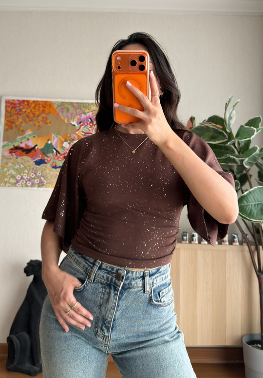 Yuisa Yanı Büzgülü Simli T-Shirt Kahve