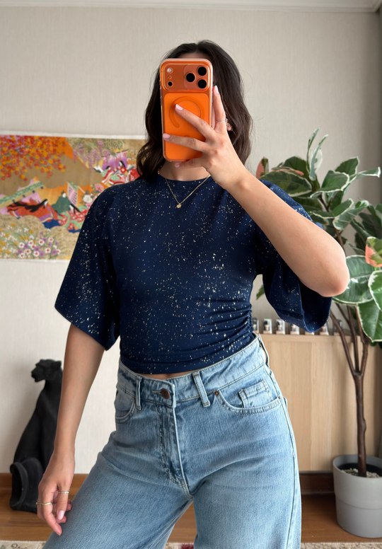 Yuisa Yanı Büzgülü Simli T-Shirt Lacivert