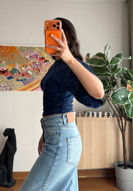 Yuisa Yanı Büzgülü Simli T-Shirt Lacivert