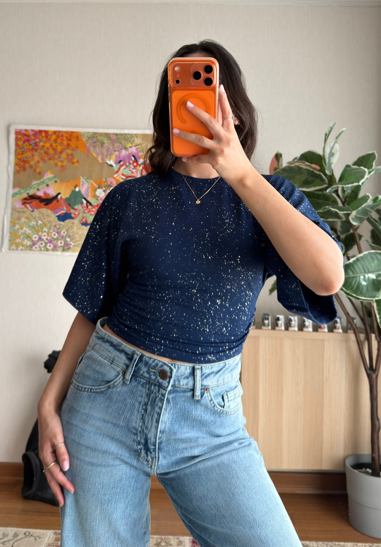 Yuisa Yanı Büzgülü Simli T-Shirt Lacivert