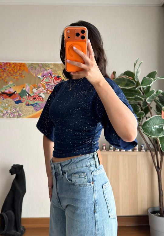 Yuisa Yanı Büzgülü Simli T-Shirt Lacivert