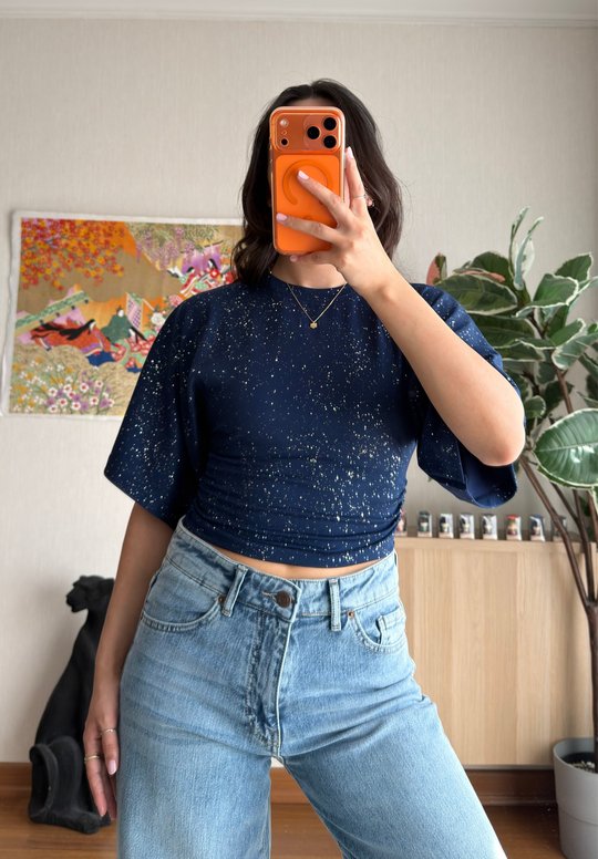 Yuisa Yanı Büzgülü Simli T-Shirt Lacivert
