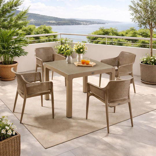 Novussi Boom Masa Takımı 90x90 Camlı Masa + 4 Adet Boom Koltuk | ID6487