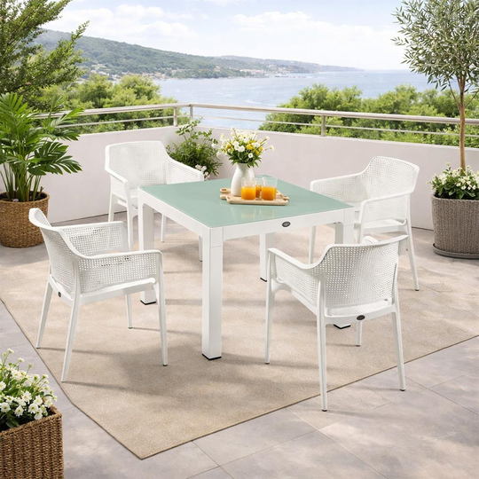 Novussi Boom Masa Takımı 90x90 Camlı Masa + 4 Adet Boom Koltuk | ID6486