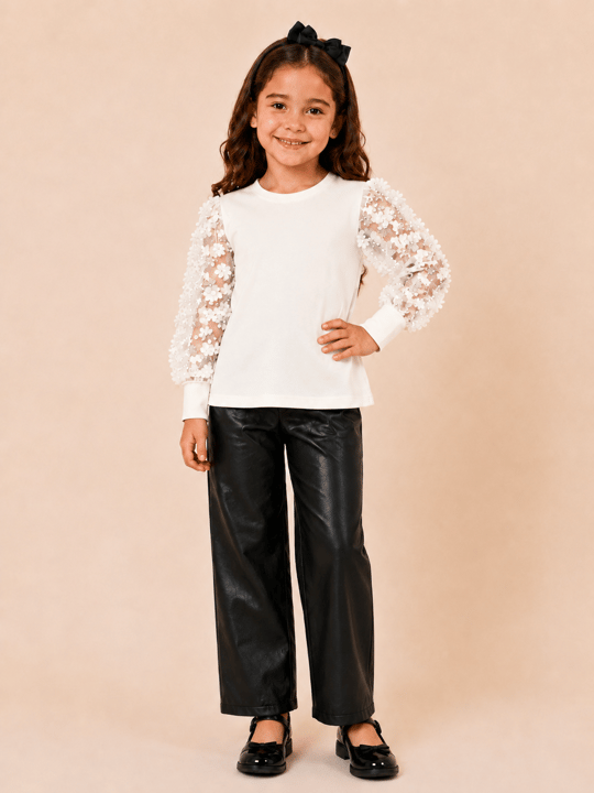 Çiçek Tüllü Deri Pantalonlu Takım Beyaz