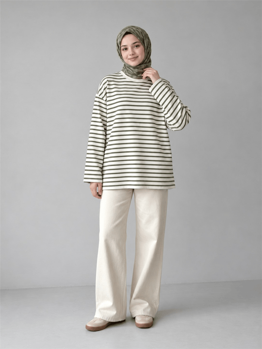 İlgın Genç Kız Çizgili Oversize Sweatshirt Yeşil