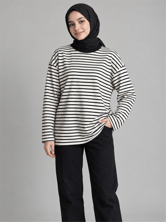 İlgın Genç Kız Çizgili Oversize Sweatshirt Siyah