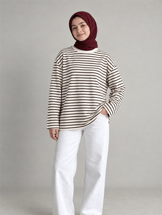 İlgın Genç Kız Çizgili Oversize Sweatshirt Kahve