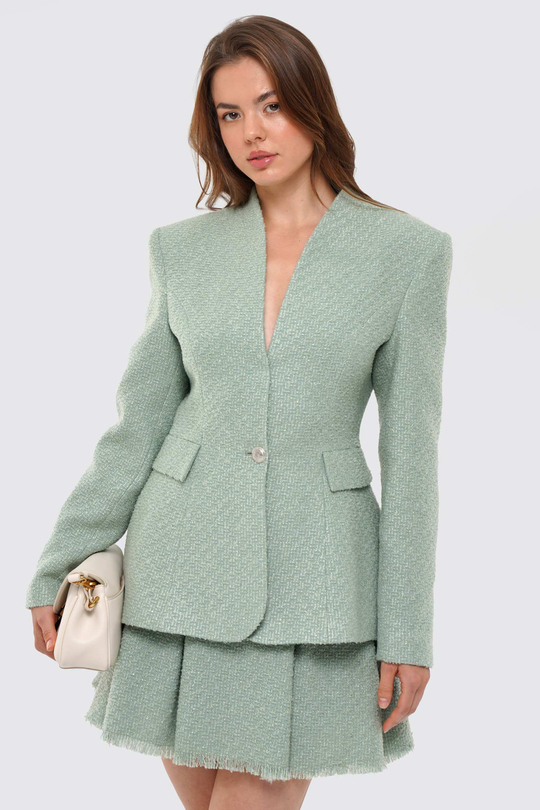 Kadın Mint Yeşili Yakasız Tüvit Blazer