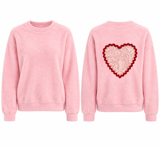 Heart Pembe Arkası Dantel Kalp Detaylı Peluş Kazak