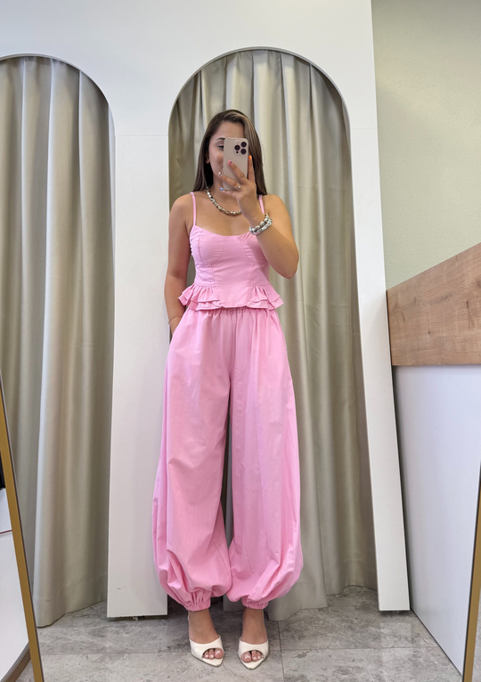 Lunara Pembe Balon Şalvarlı Poplin Takım