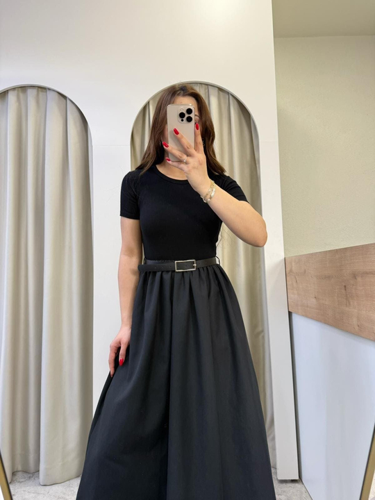 Rosa Siyah Kemerli Yarımkol Elbise