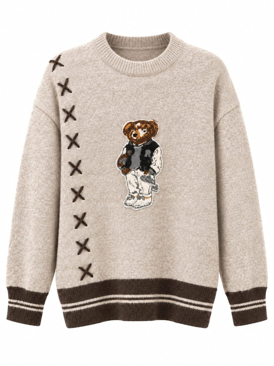 Teddy Bej Nakışlı Triko Kazak