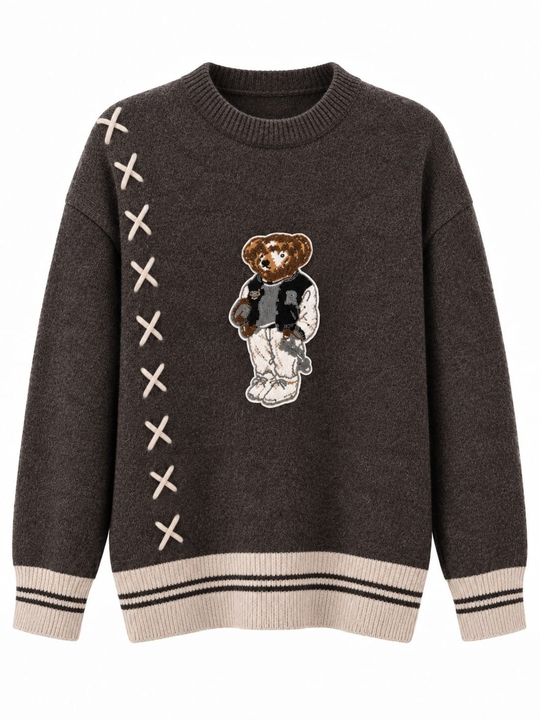Teddy Kahve Nakışlı Triko Kazak
