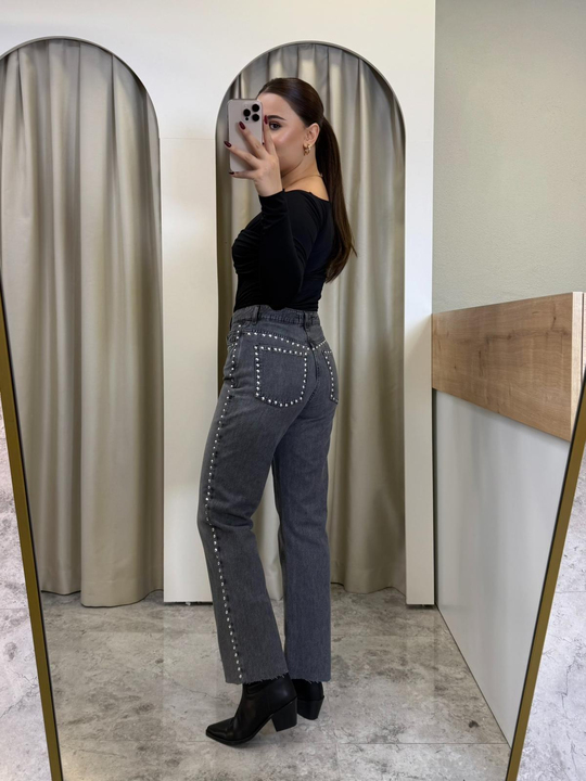 Yüksek Bel Füme Zımbalı Jean