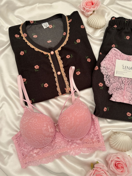  Kahverengi Gül Desenli Waffle Uzun Kollu 4lü Pijama Takımı