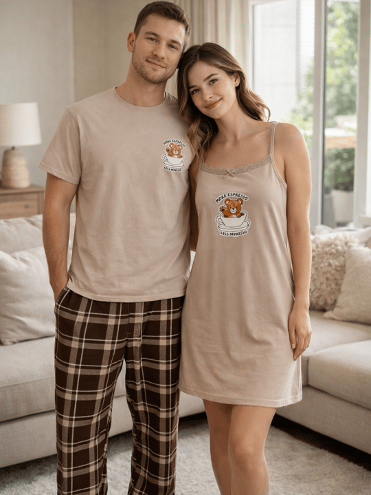 Bej Ayıcık Gecelikli Çift Pijama Takımı